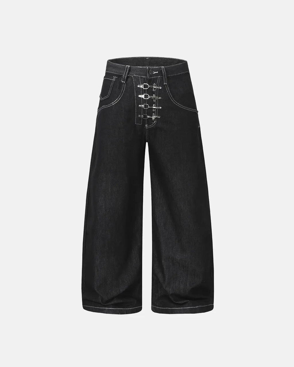 Raw metal clasp baggy jeans from Flation Streetwear featuring a relaxed fit and distressed denim style.