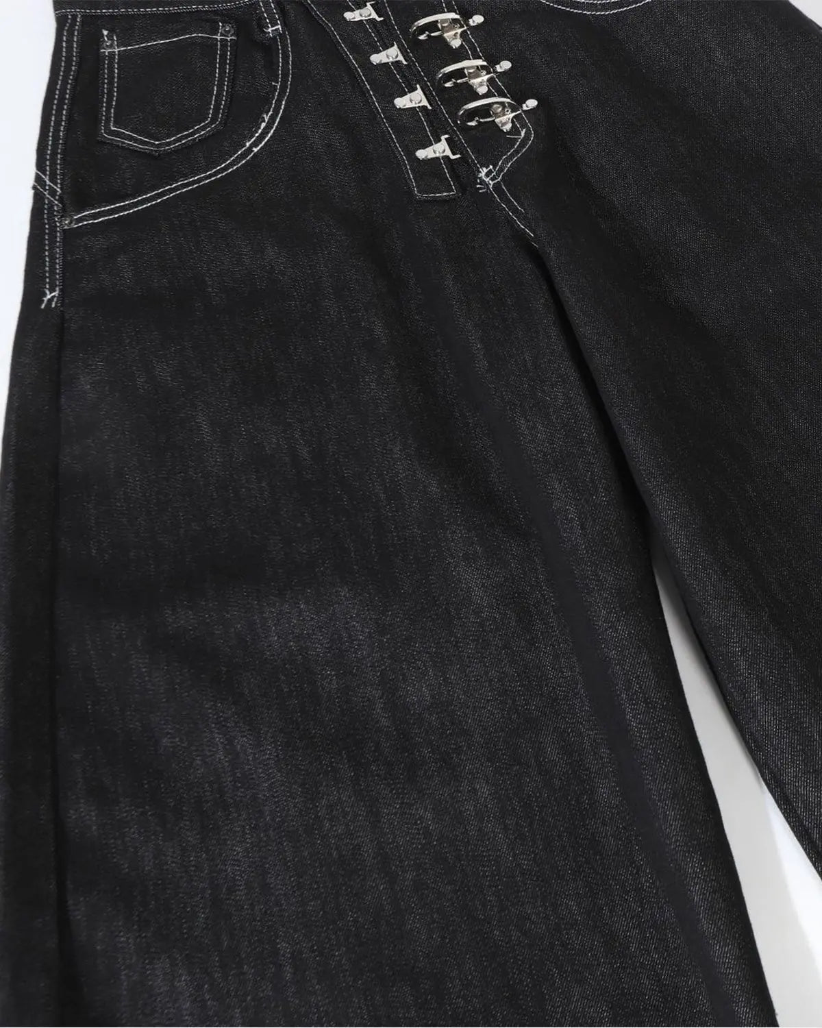 Raw metal clasp Baggy Jeans by Flation Streetwear featuring a relaxed fit, distressed denim, and metal button closure.