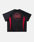 Retro colorblock football jersey by Flation featuring bold red, blue, and white panels, classic athletic design, and team-inspired style.