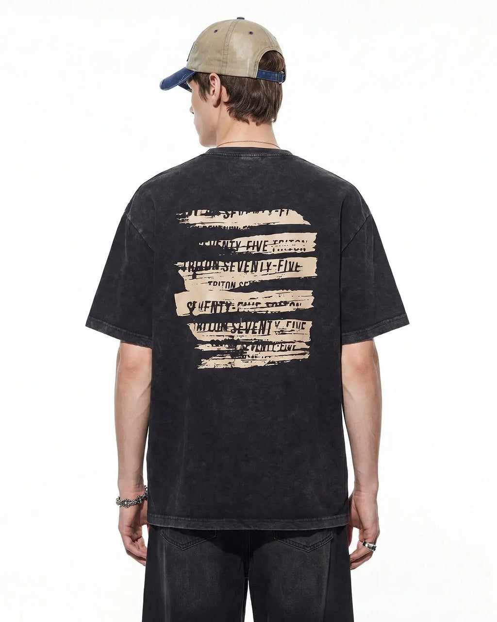 Black retro washed graphic cotton T-shirt by Flation Streetwear featuring vintage-inspired design and casual fit.