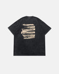 Black retro washed graphic cotton T-shirt by Flation Streetwear, featuring bold vintage-style design on the front.