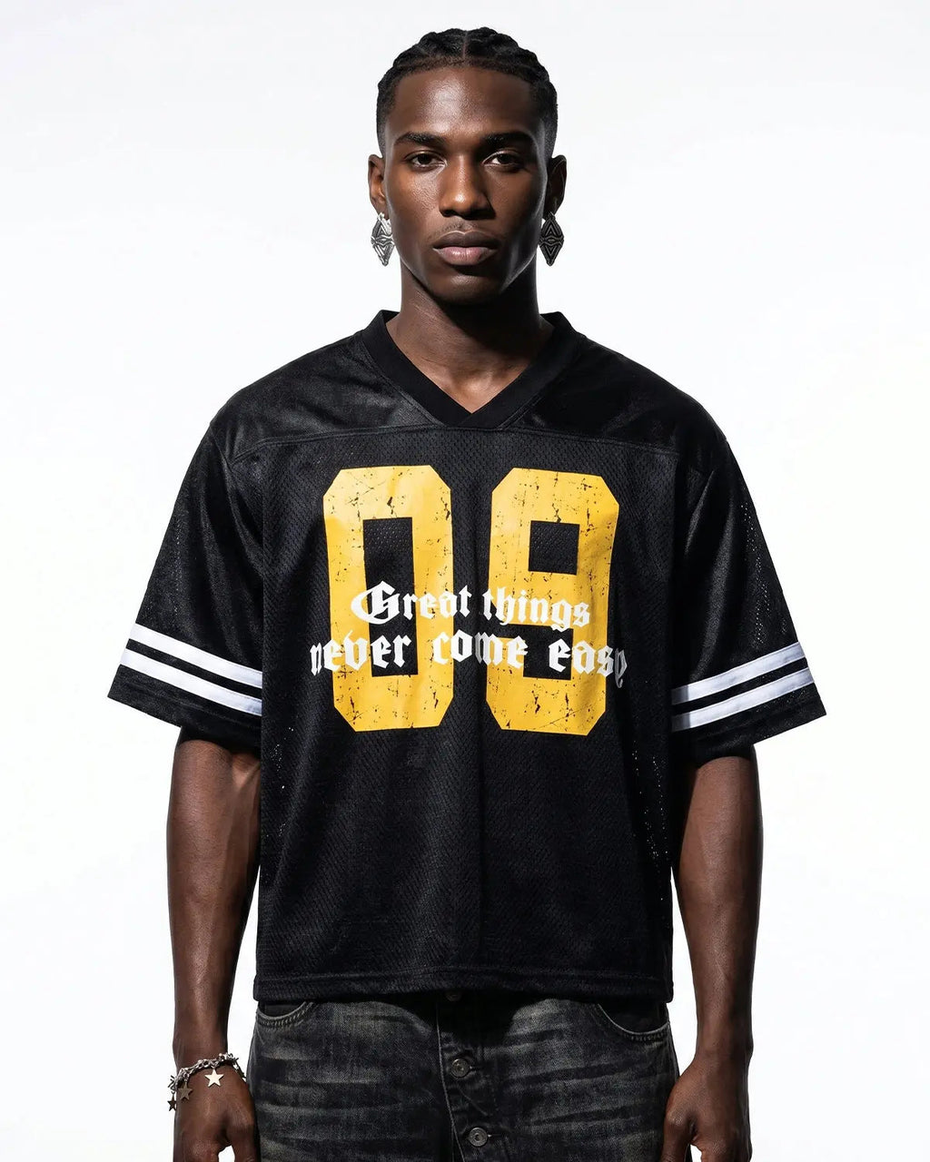 Satin patchwork mesh jersey shirt by Flation Streetwear with colorful, textured fabric and stylish streetwear design.