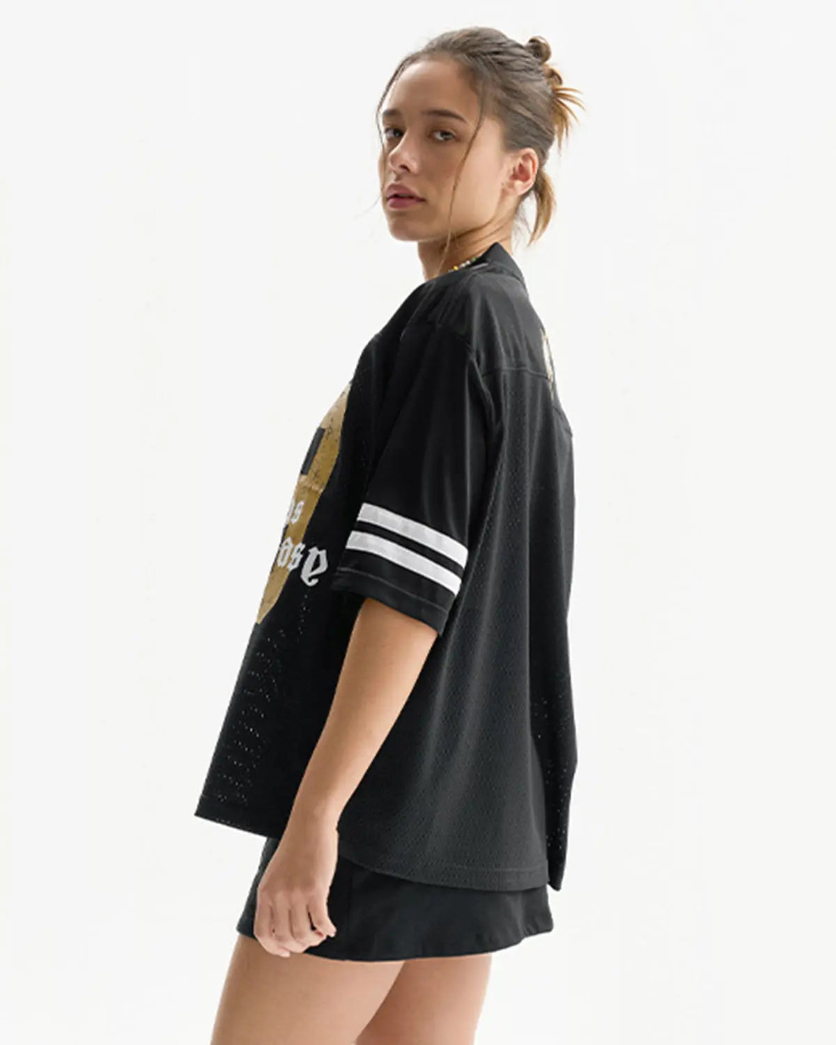 Satin patchwork mesh jersey from Flation Streetwear featuring a stylish, colorful patchwork design on lightweight fabric.