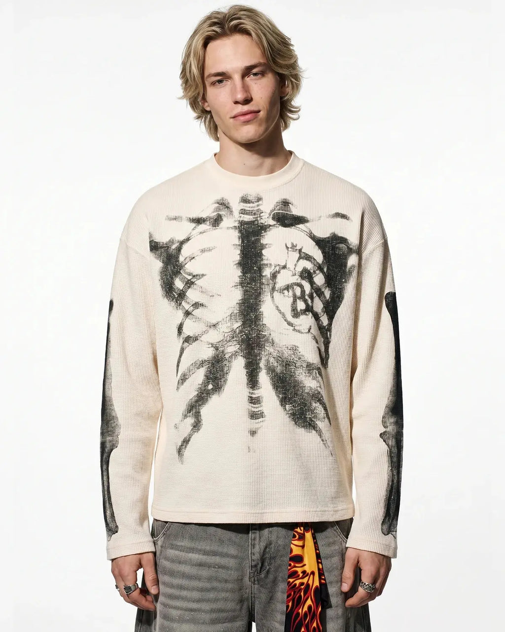 Black Flation Skeleton Graphic Washed Long Sleeve shirt with skeleton print and casual streetwear style.