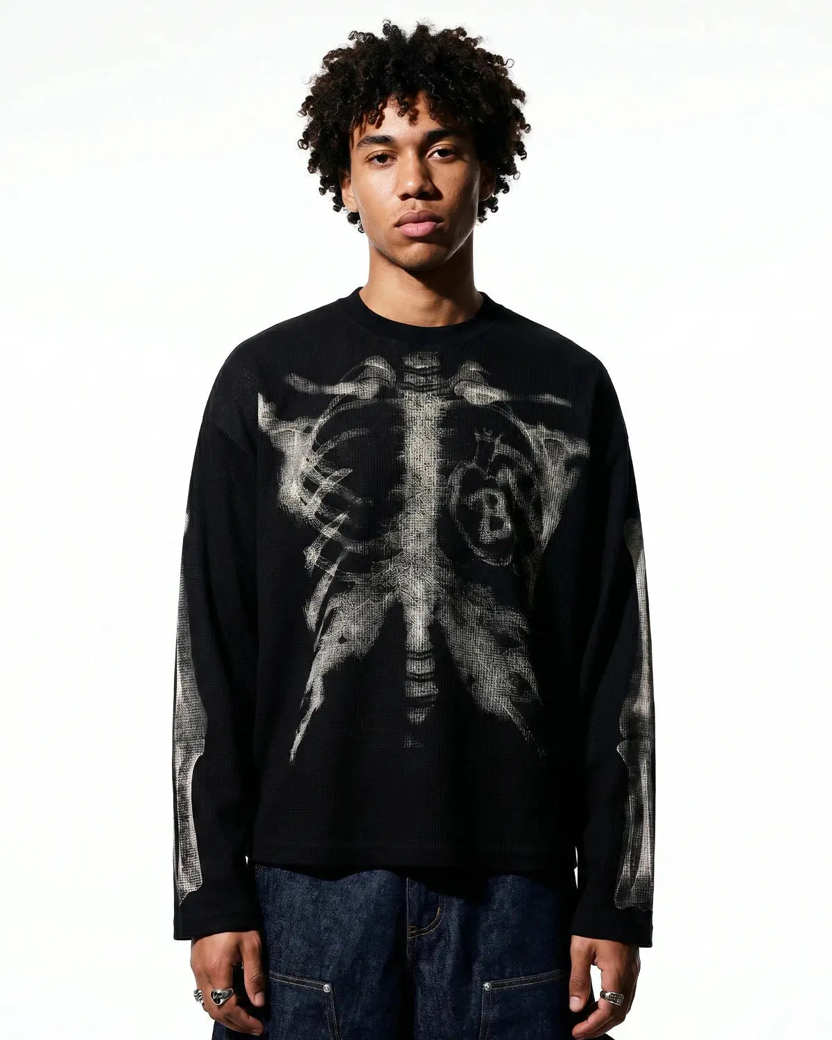 Black Flation Skeleton Graphic Washed Long Sleeve shirt with skeleton print, streetwear style, casual fit, long sleeves, and washed finish.