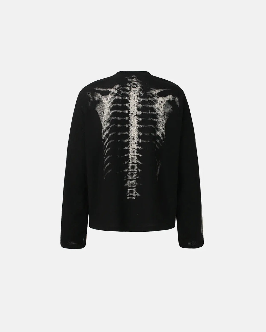 Black long sleeve shirt with skeleton graphic design from Flation Streetwear, featuring a washed fabric finish.