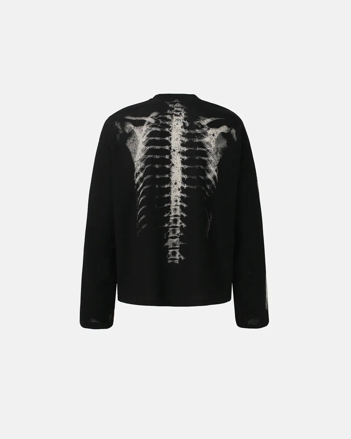 Black long sleeve shirt with skeleton graphic design from Flation Streetwear, featuring a washed fabric finish.