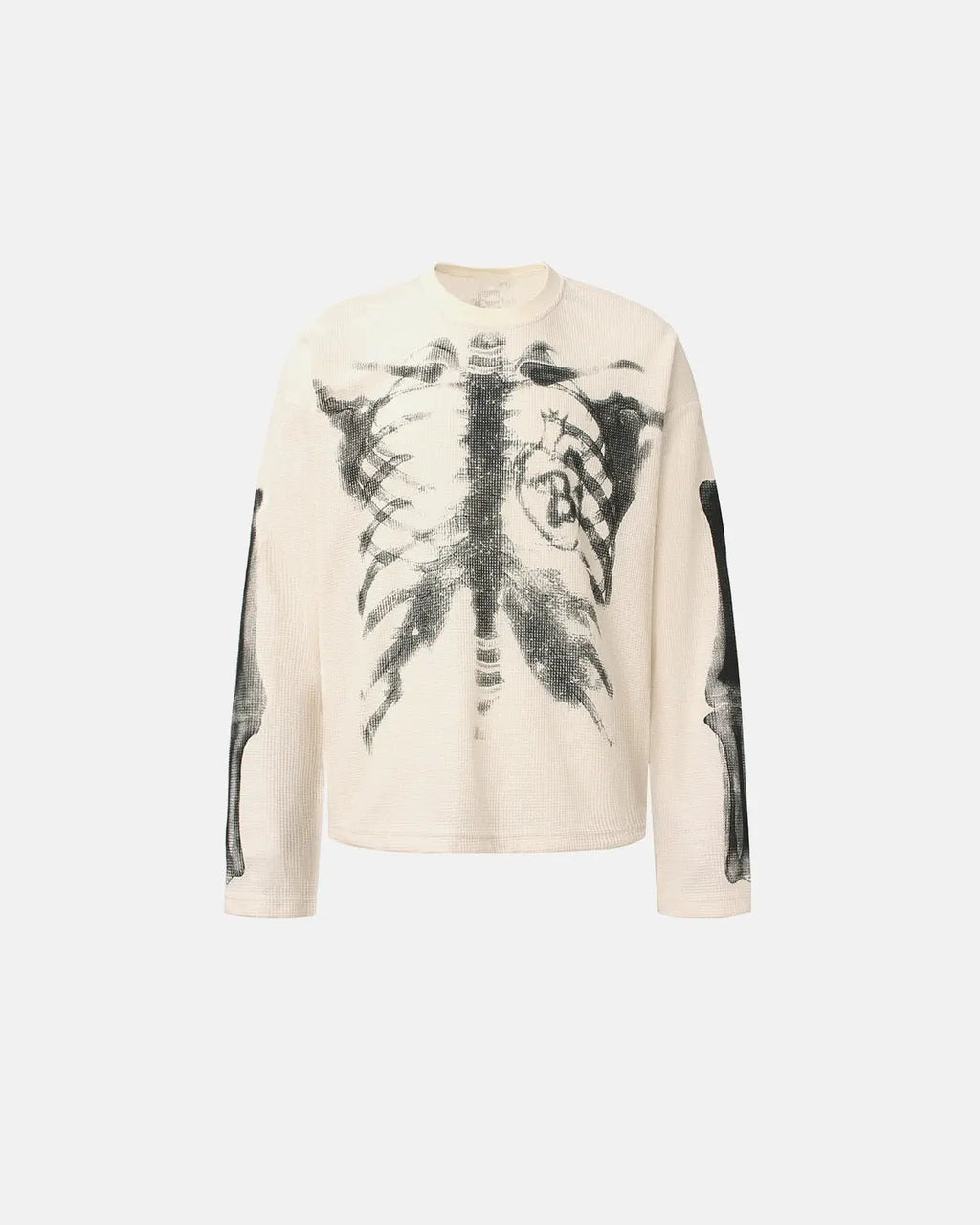 Black washed long sleeve shirt with skeleton graphic by Flation Streetwear, featuring bold skeletal print on the front.