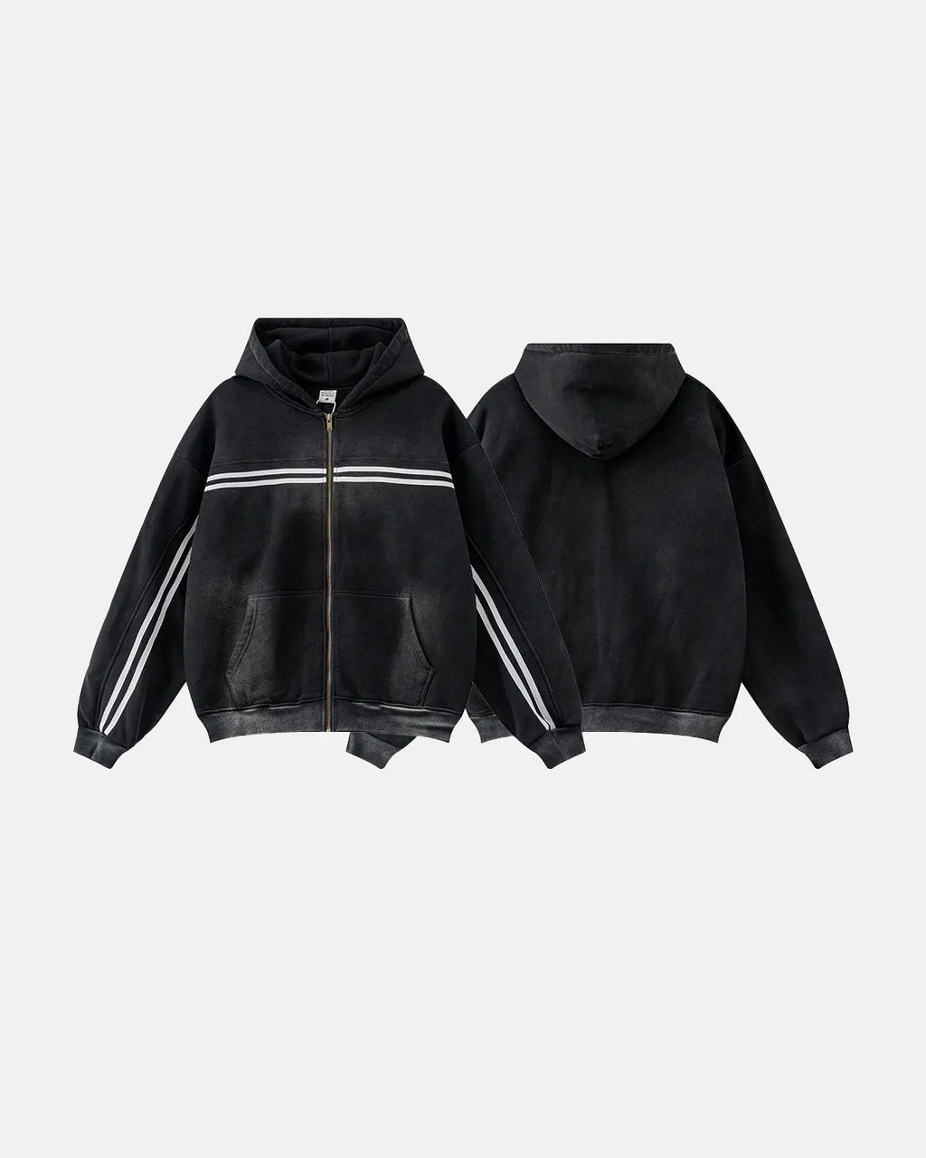 Black striped acid wash zip-up hoodie by Flation Streetwear with a casual fit and front zipper.