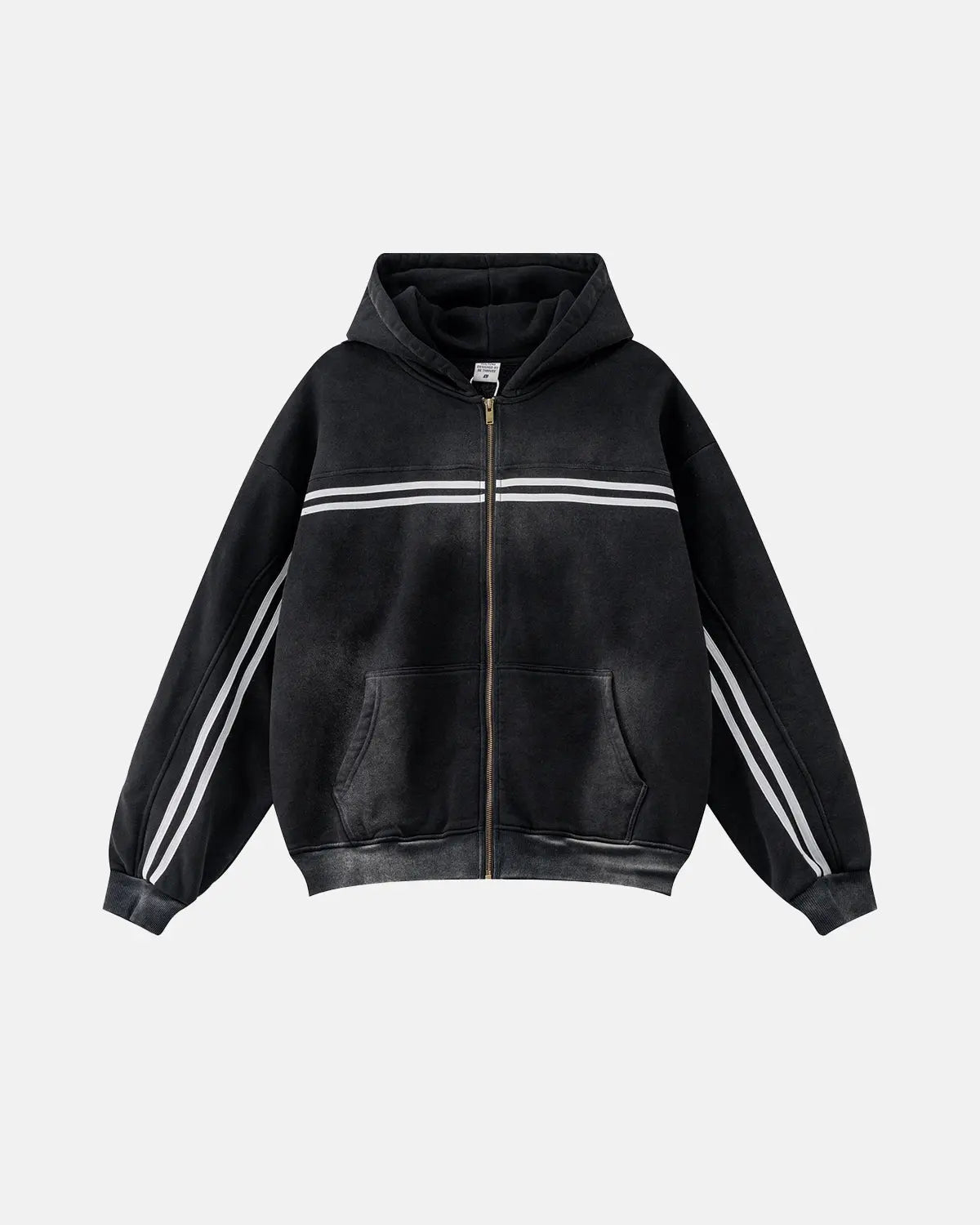 Black striped acid wash zip-up hoodie by Flation Streetwear, featuring a casual fit and front zipper for a trendy street style look.