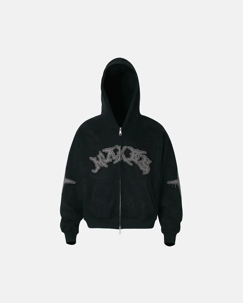 Black suede patch embroidery zip hoodie by Flation Streetwear, featuring front embroidery and casual streetwear style