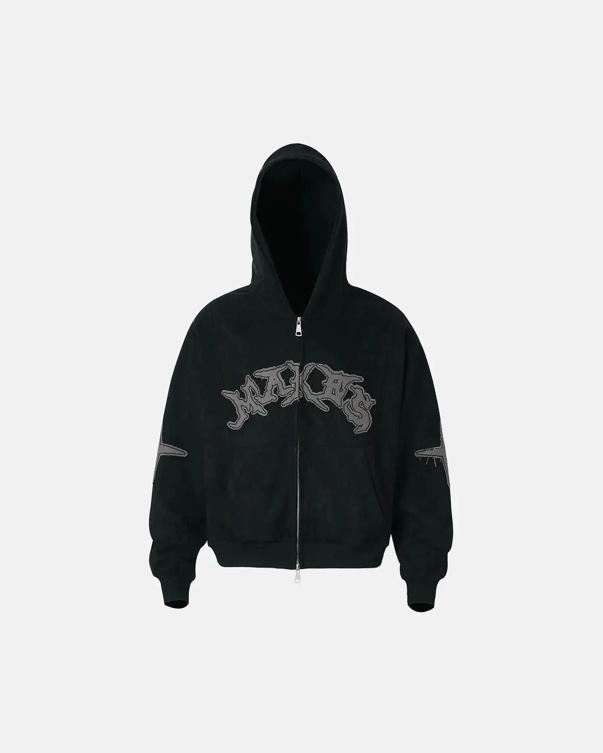Black suede patch embroidery zip hoodie by Flation Streetwear, featuring front embroidery and casual streetwear style