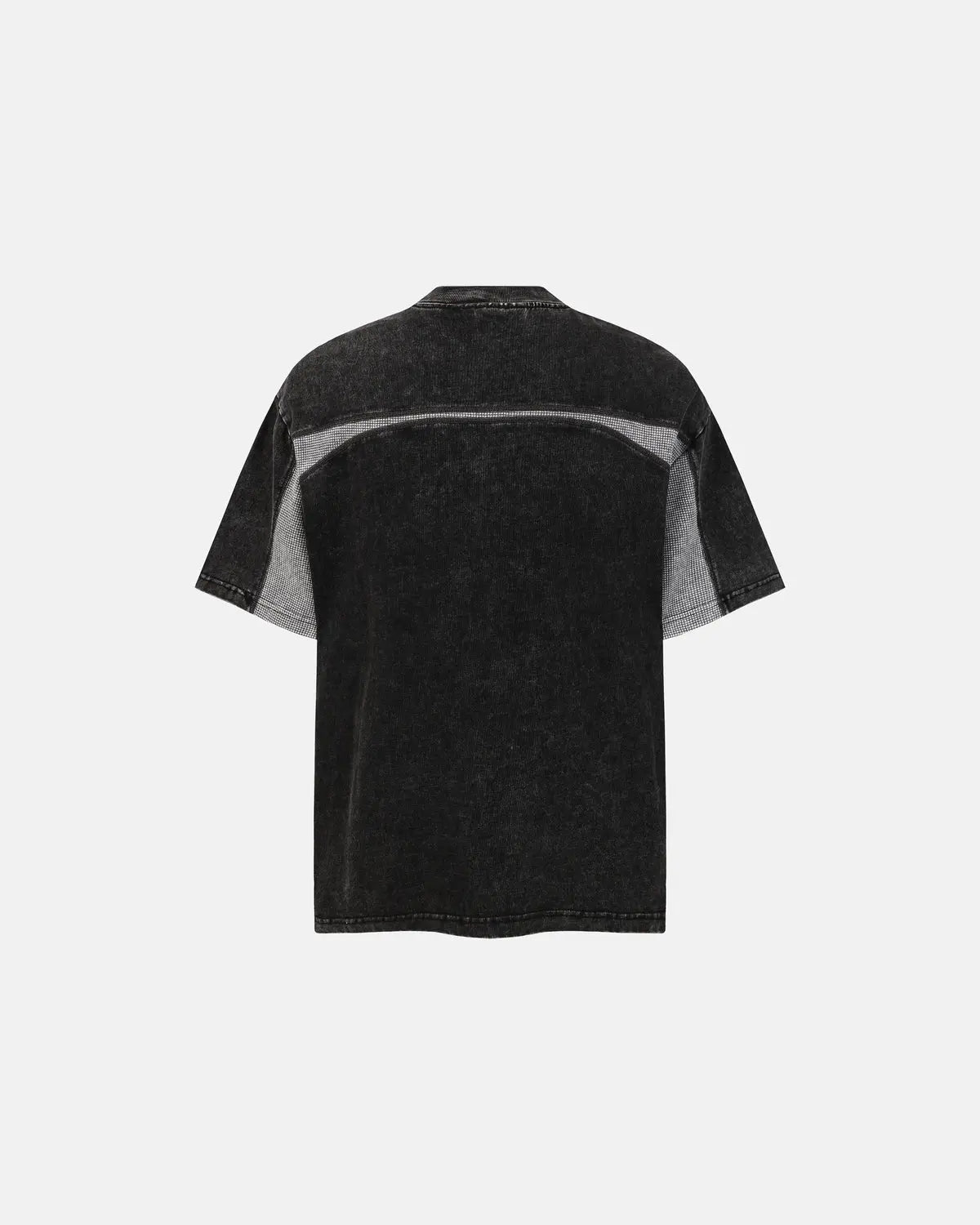 Black textured patchwork washed T-shirt by Flation Streetwear, featuring a casual, rugged design with unique patchwork details.