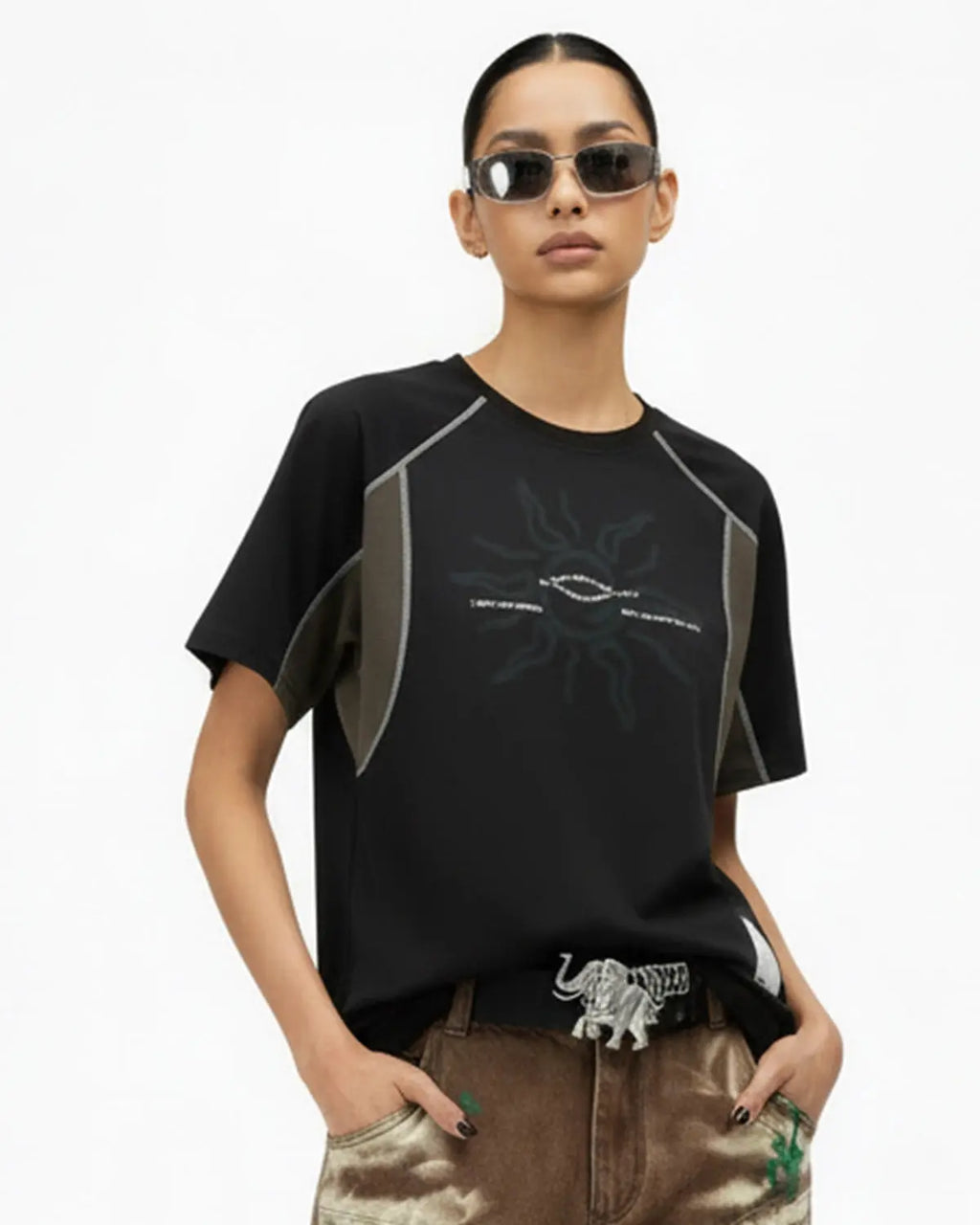 Black Flation Totem Graphic Patchwork T-shirt featuring bold patchwork design and streetwear style.