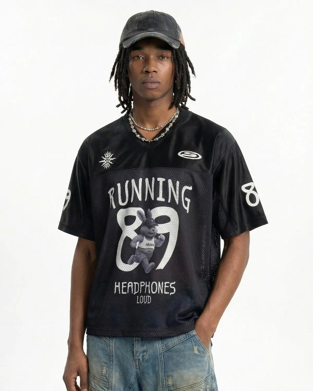 Black V-neck mesh patchwork jersey tee by Flation Streetwear, featuring a stylish mesh design and casual fit.