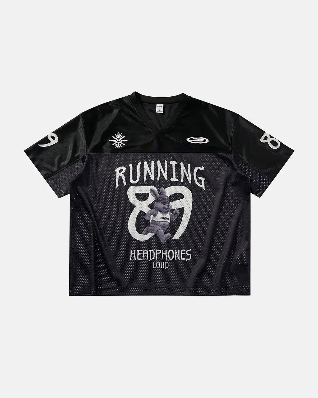 Black Flation V-Neck Mesh Patchwork Jersey Tee featuring mesh panels and streetwear style, casual and modern design.