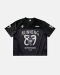 Black Flation V-Neck Mesh Patchwork Jersey Tee featuring mesh panels and streetwear style, casual and modern design.