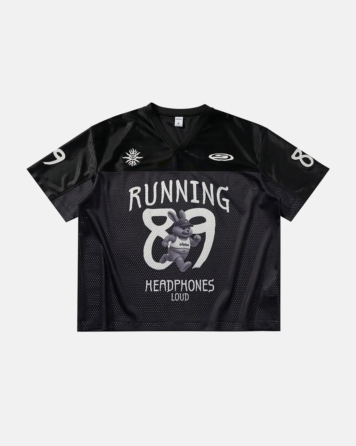 Black Flation V-Neck Mesh Patchwork Jersey Tee featuring mesh panels and streetwear style, casual and modern design.