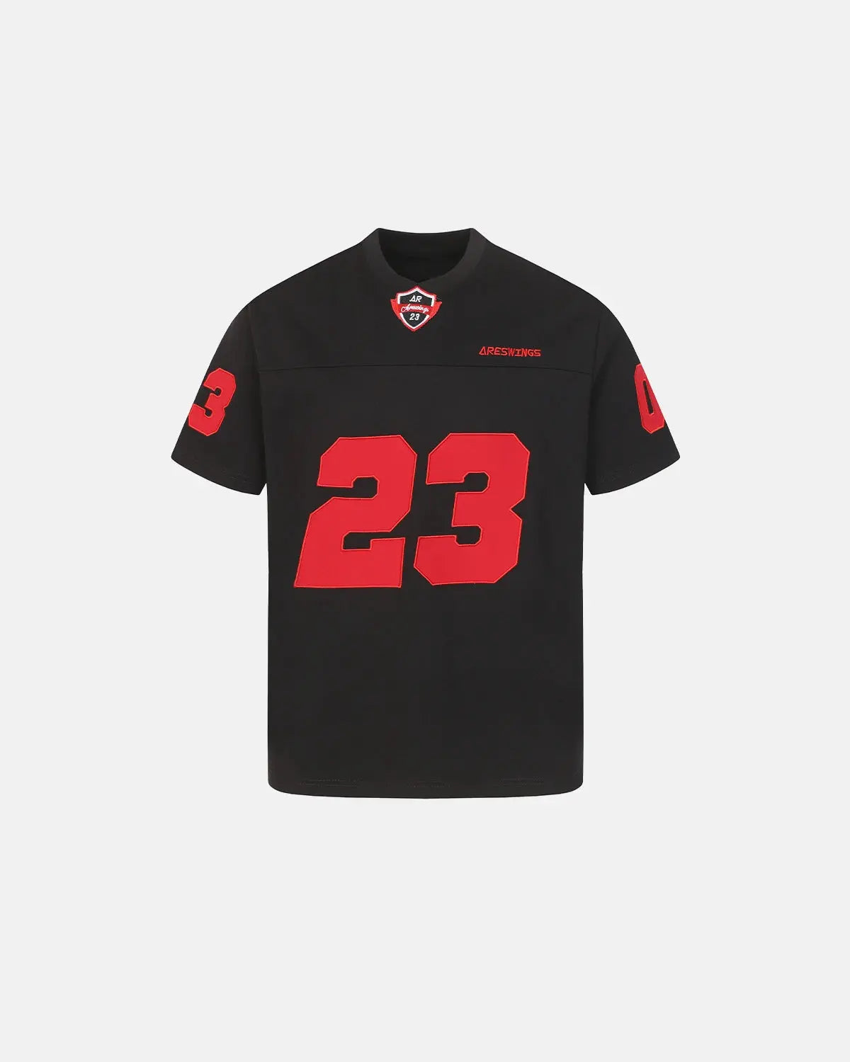 Black varsity number applique T-shirt by Flation Streetwear, featuring bold stitched number design on soft cotton fabric.
