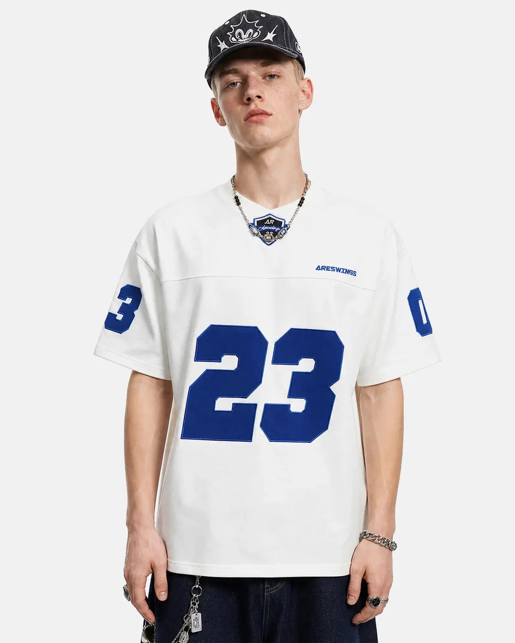 Black varsity number applique T-shirt by Flation Streetwear, featuring bold stitched number design on front.