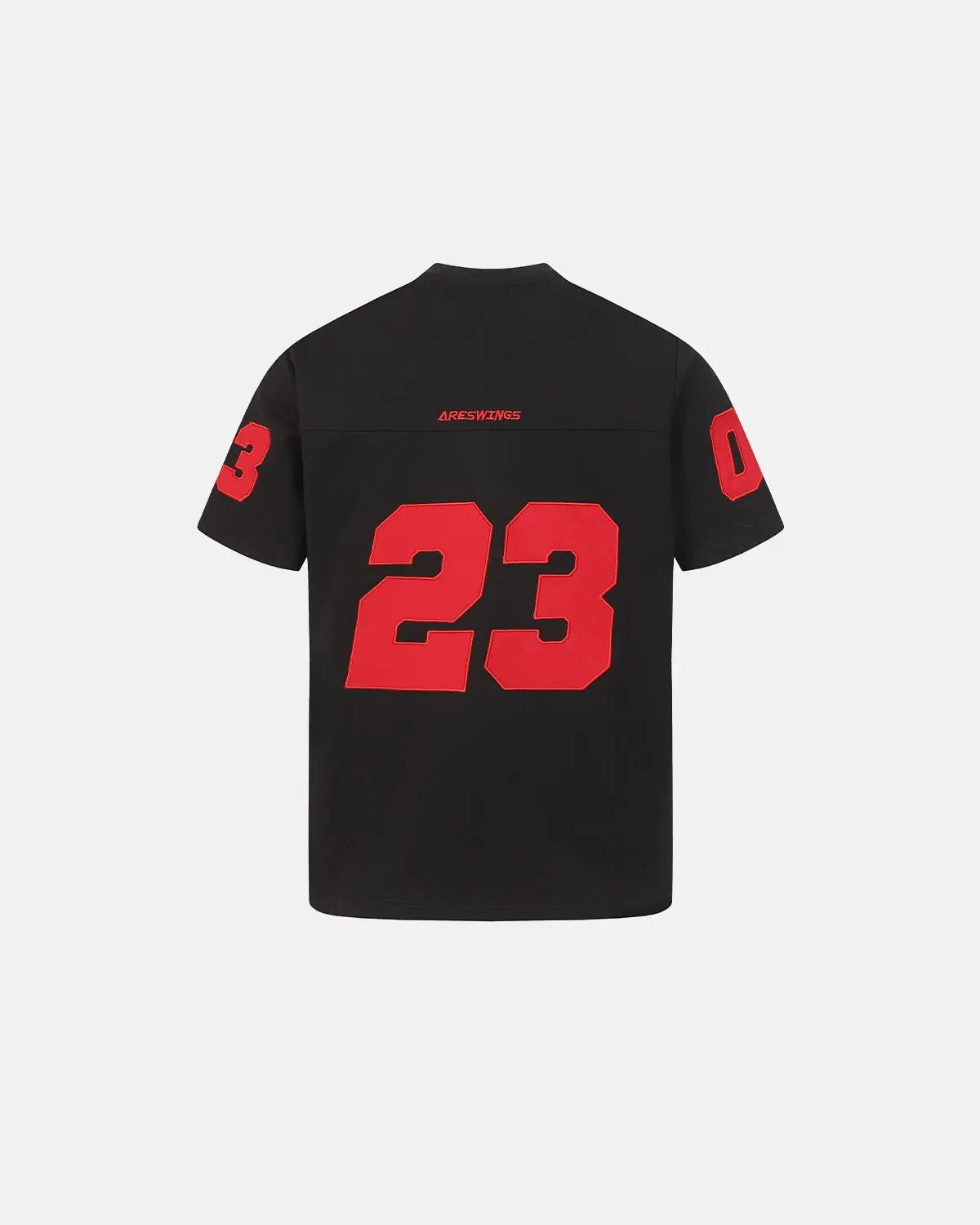 Black varsity number applique T-shirt by Flation Streetwear featuring bold embroidered numerals and a casual fit.