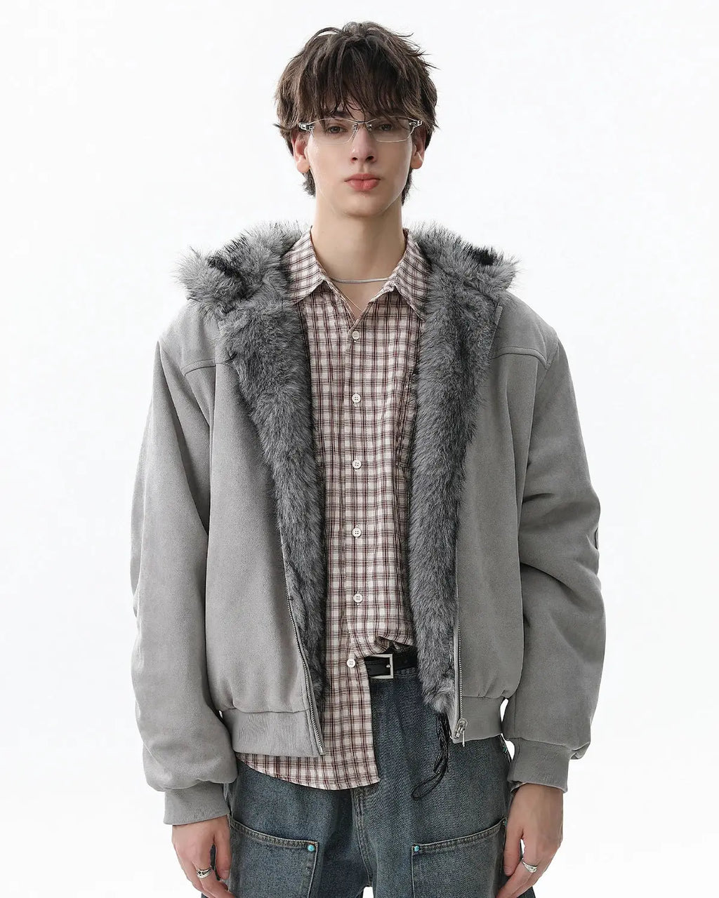 Reversible faux fur hooded jacket by Flation Streetwear featuring plush fur interior and sleek outer fabric, shown on a model.
