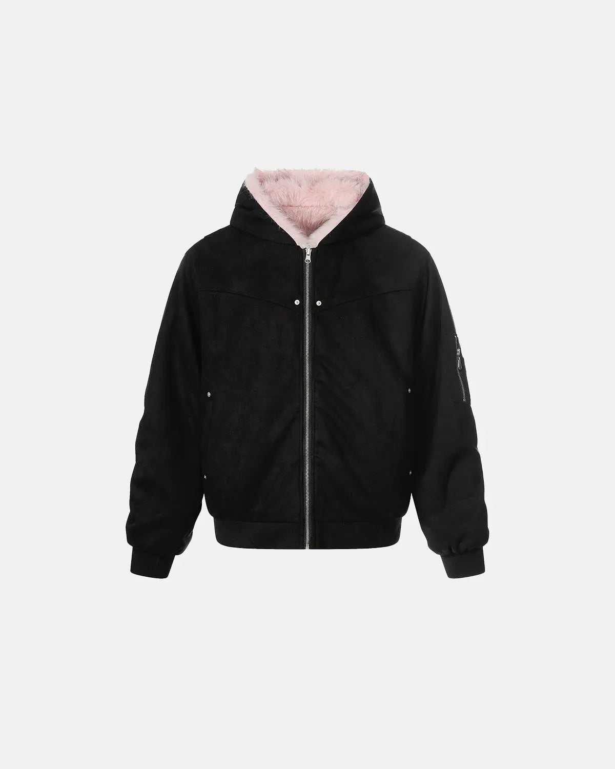 Reversible faux fur hooded jacket by Flation Streetwear, showing both smooth fabric and plush faux fur sides with hood detail.