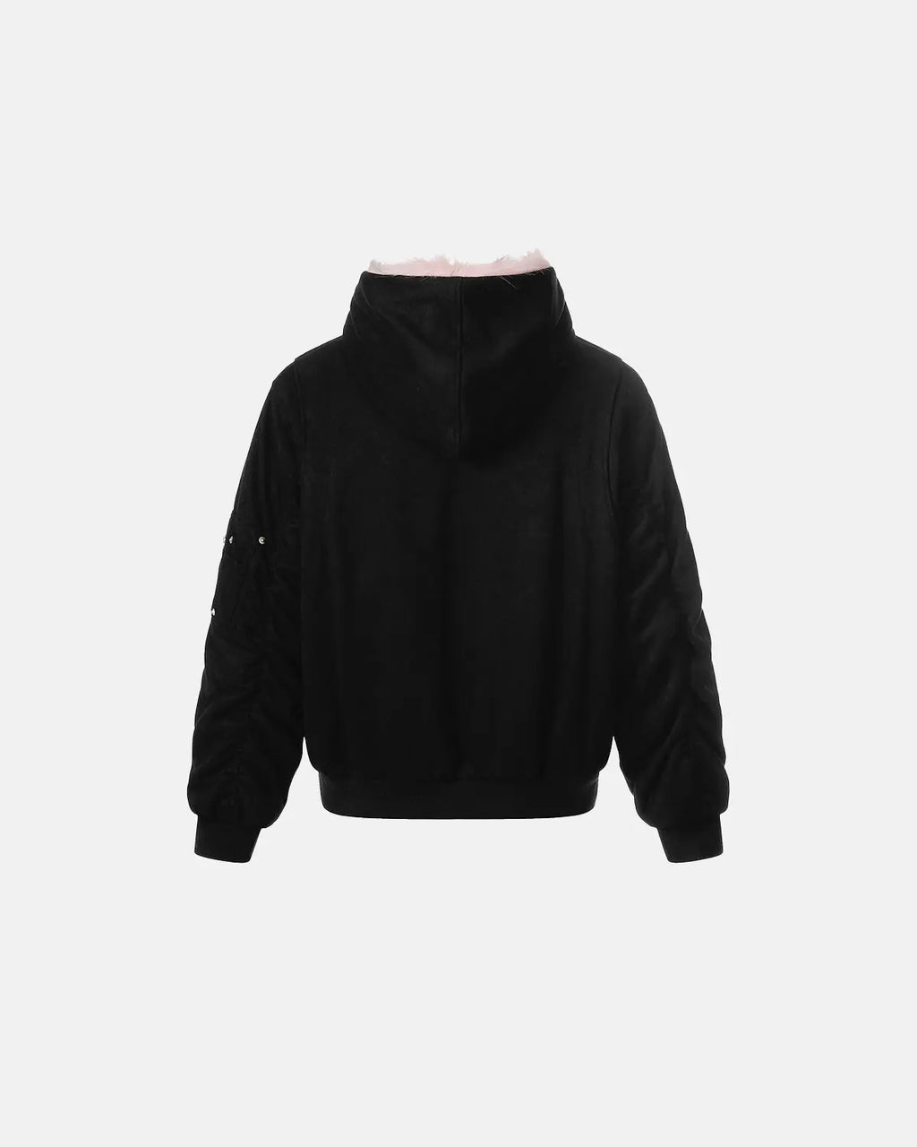 Reversible faux fur hooded jacket by Flation, featuring plush fur on one side and sleek fabric on the other, with a hood and zip closure.