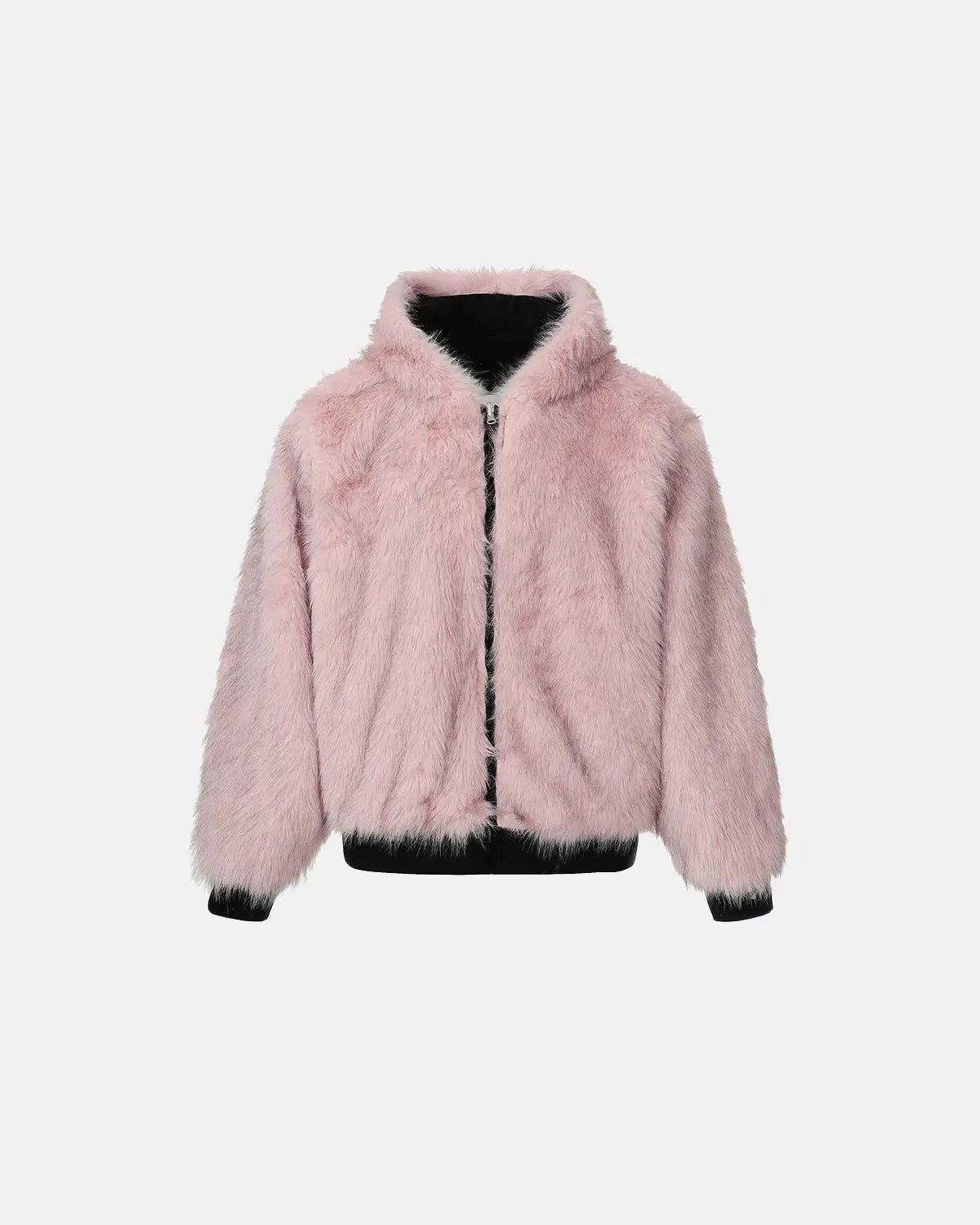 Reversible faux fur hooded jacket by Flation Streetwear featuring plush fur on one side and sleek fabric on the other.