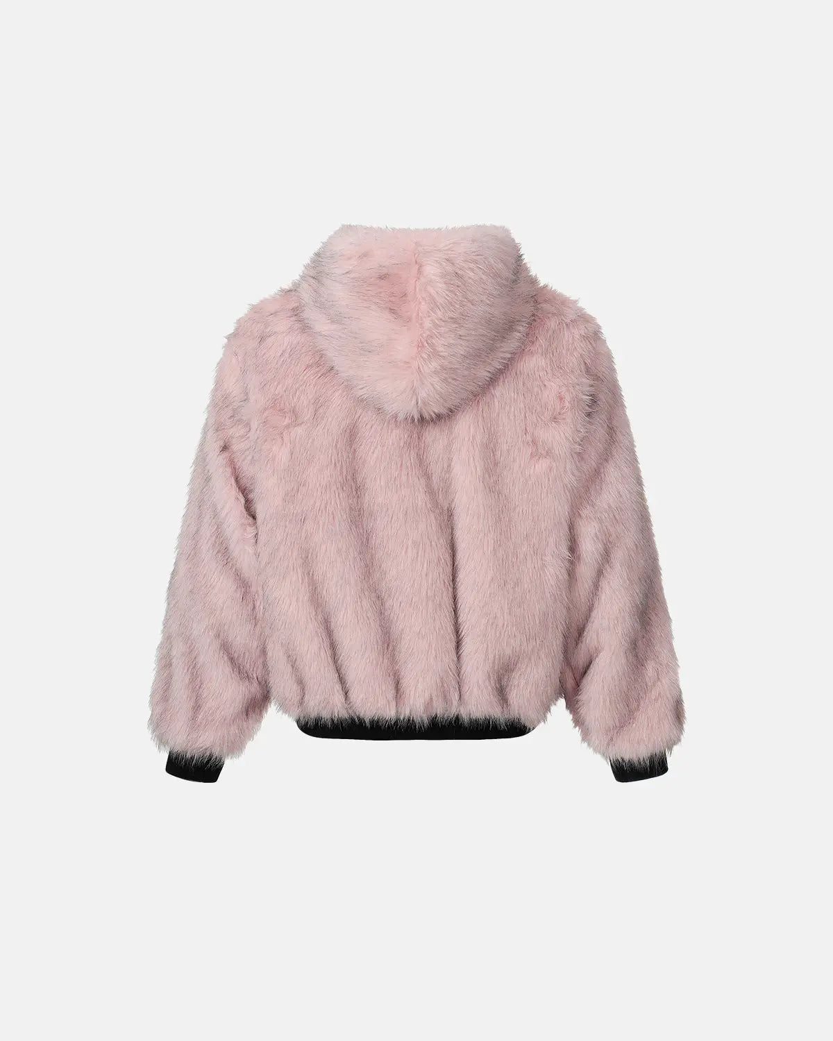 Reversible faux fur hooded jacket by Flation Streetwear, showing soft fur exterior and cozy inner lining in a stylish streetwear design.