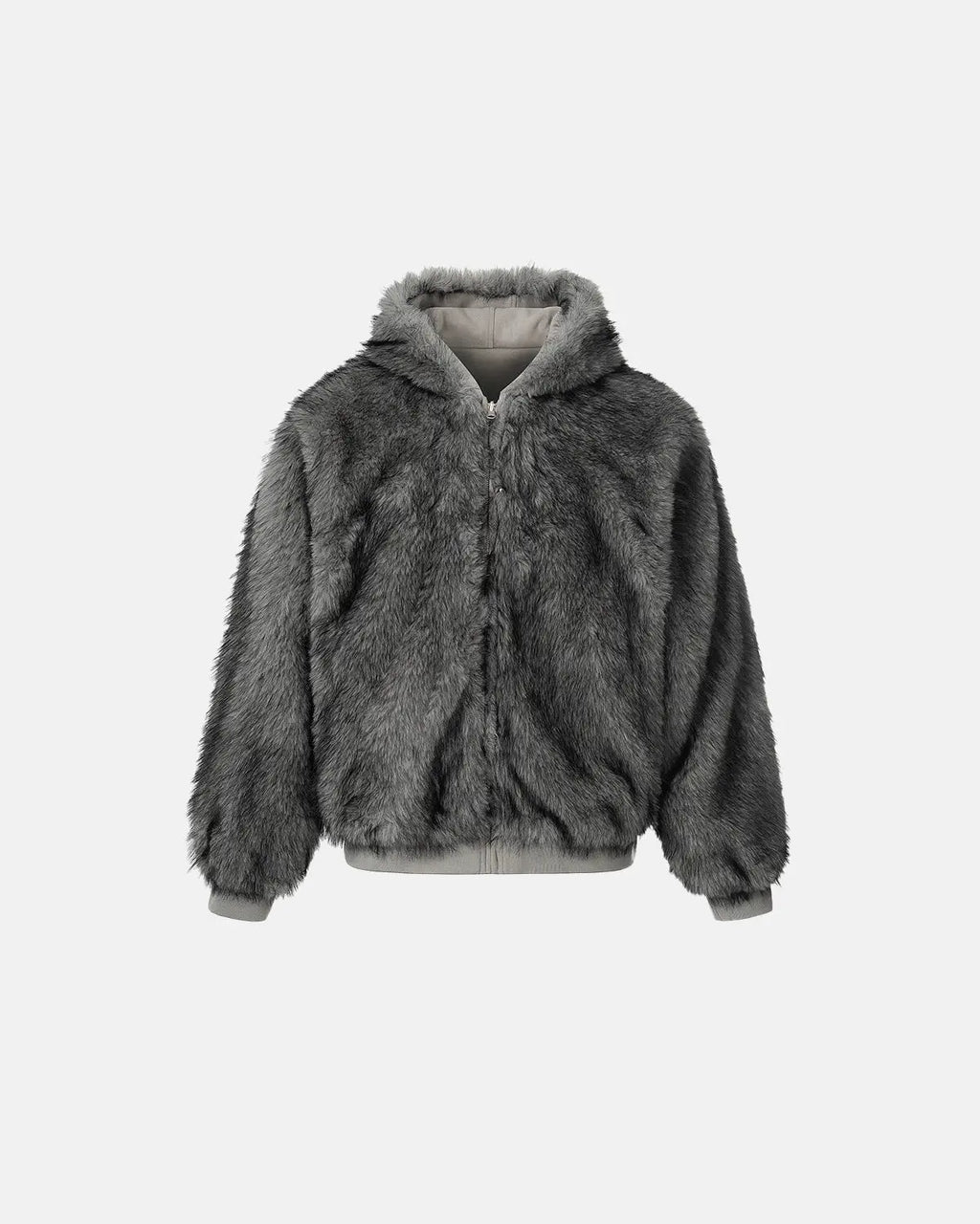 Reversible faux fur hooded jacket by Flation, showing both the plush faux fur interior and sleek outer design.