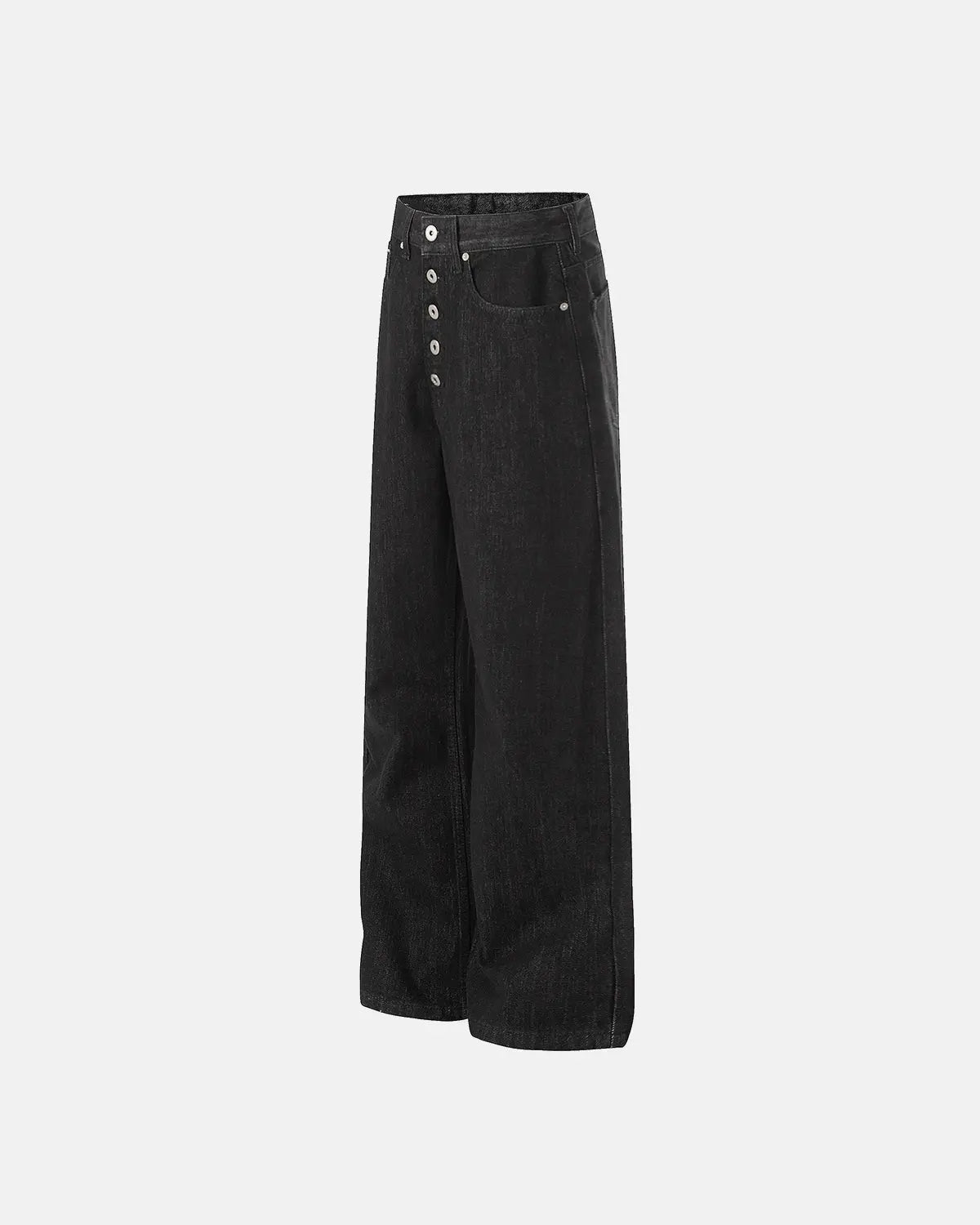 Raw Buttons Up Baggy Jeans by Flation Streetwear featuring relaxed fit, distressed details, and button accents in denim fabric.