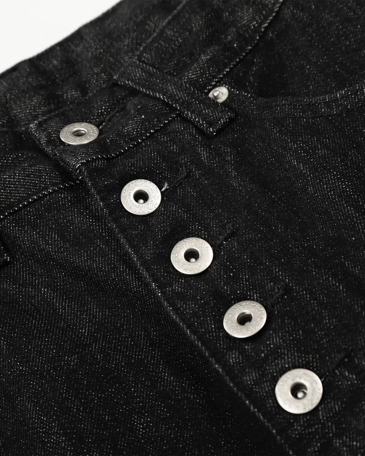 Raw Buttons Up Baggy Jeans by Flation Streetwear, showcasing relaxed fit denim with button details and distressed style.