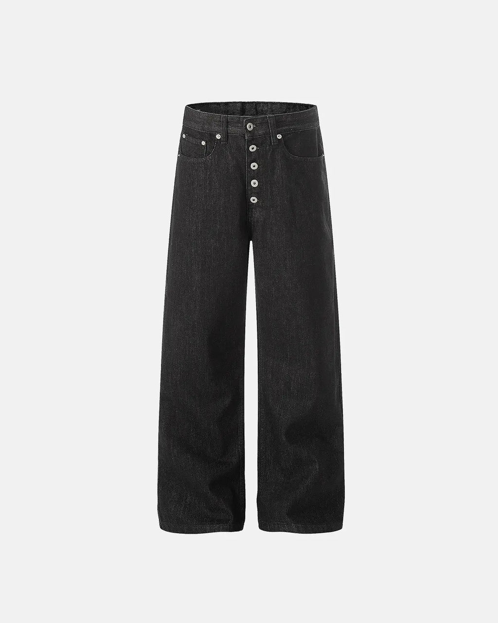 Raw Buttons Up Baggy Jeans by Flation Streetwear showing relaxed fit, distressed denim with button details and oversized style.