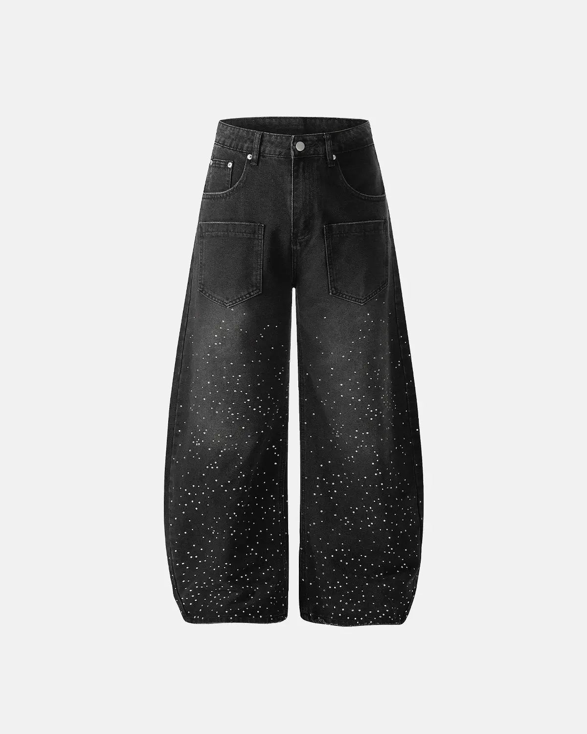 Black acid wash rhinestone baggy jeans by Flation Streetwear, featuring loose fit and sparkling rhinestone details.