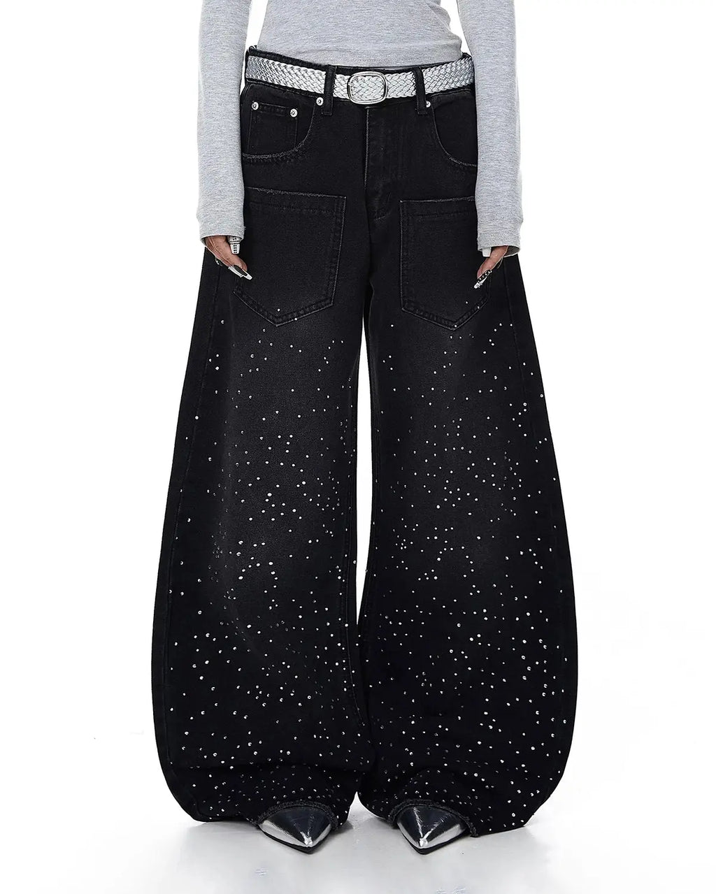 Black acid wash rhinestone baggy jeans by Flation Streetwear, featuring a relaxed fit and sparkling rhinestone details.