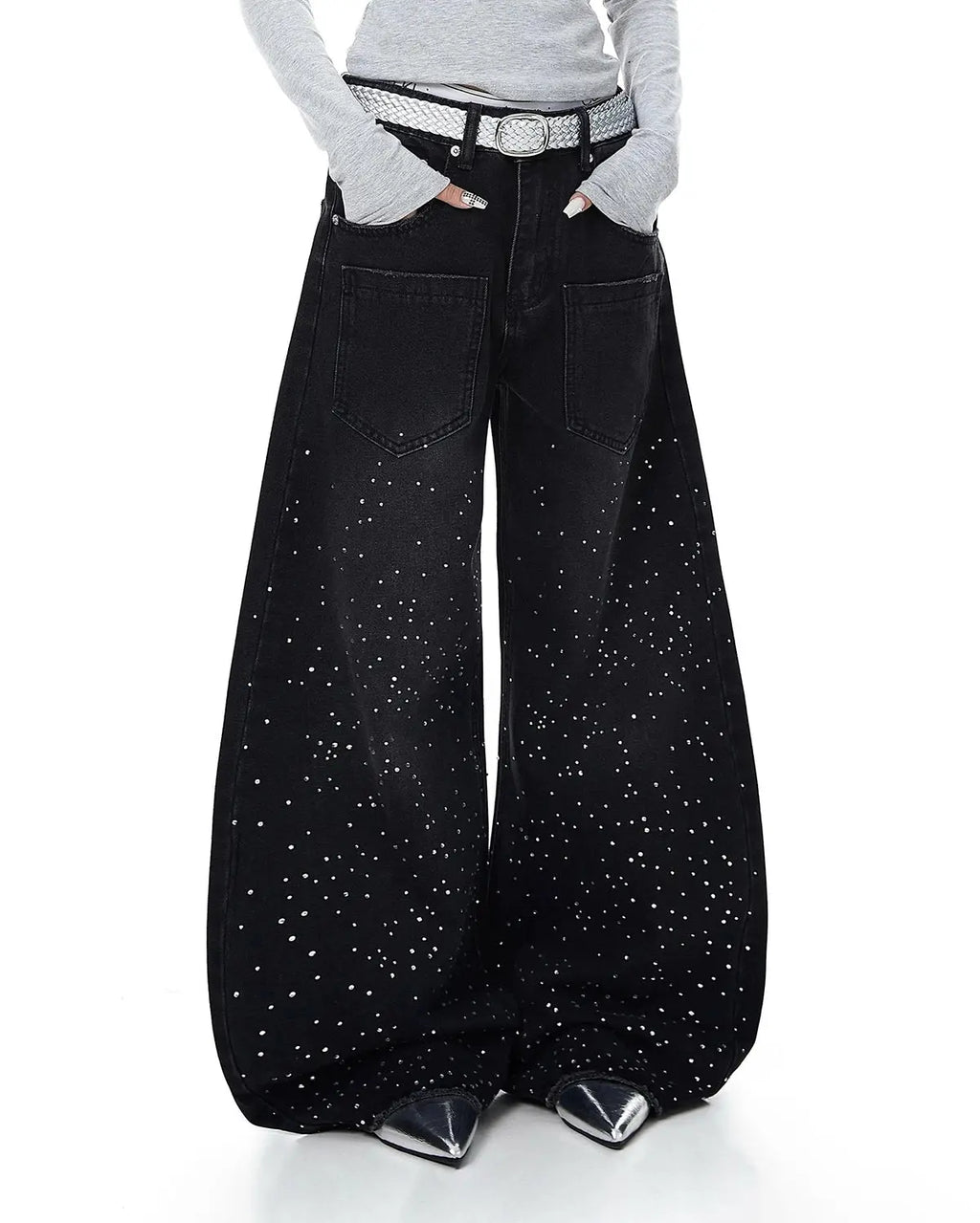Black acid wash Rhinestone Baggy Jeans by Flation Streetwear with rhinestone embellishments and relaxed, oversized fit.