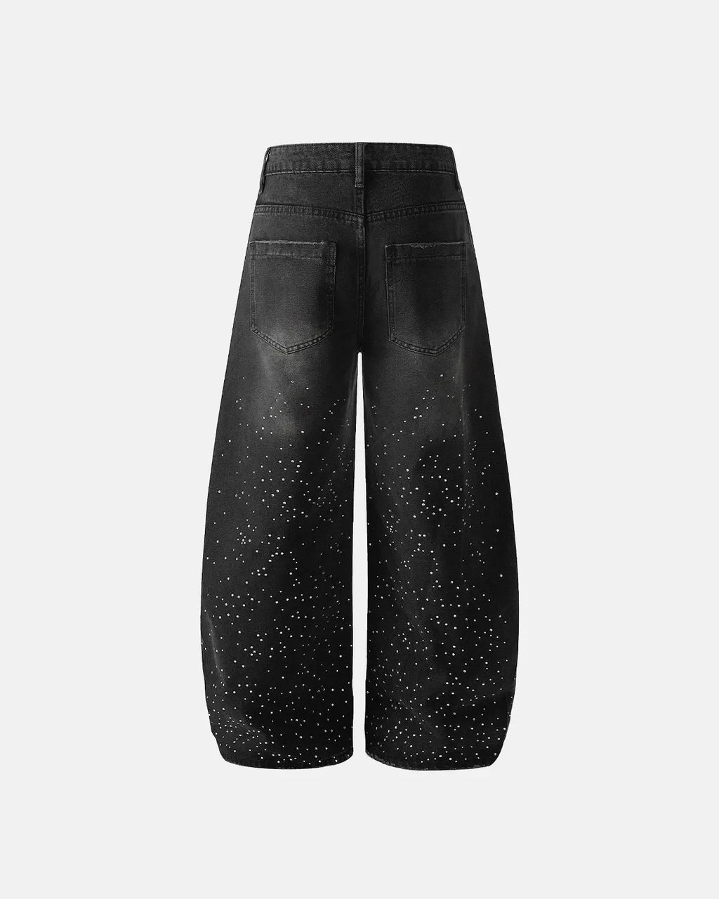 Black acid wash rhinestone baggy jeans by Flation Streetwear featuring relaxed fit and sparkling rhinestone accents.