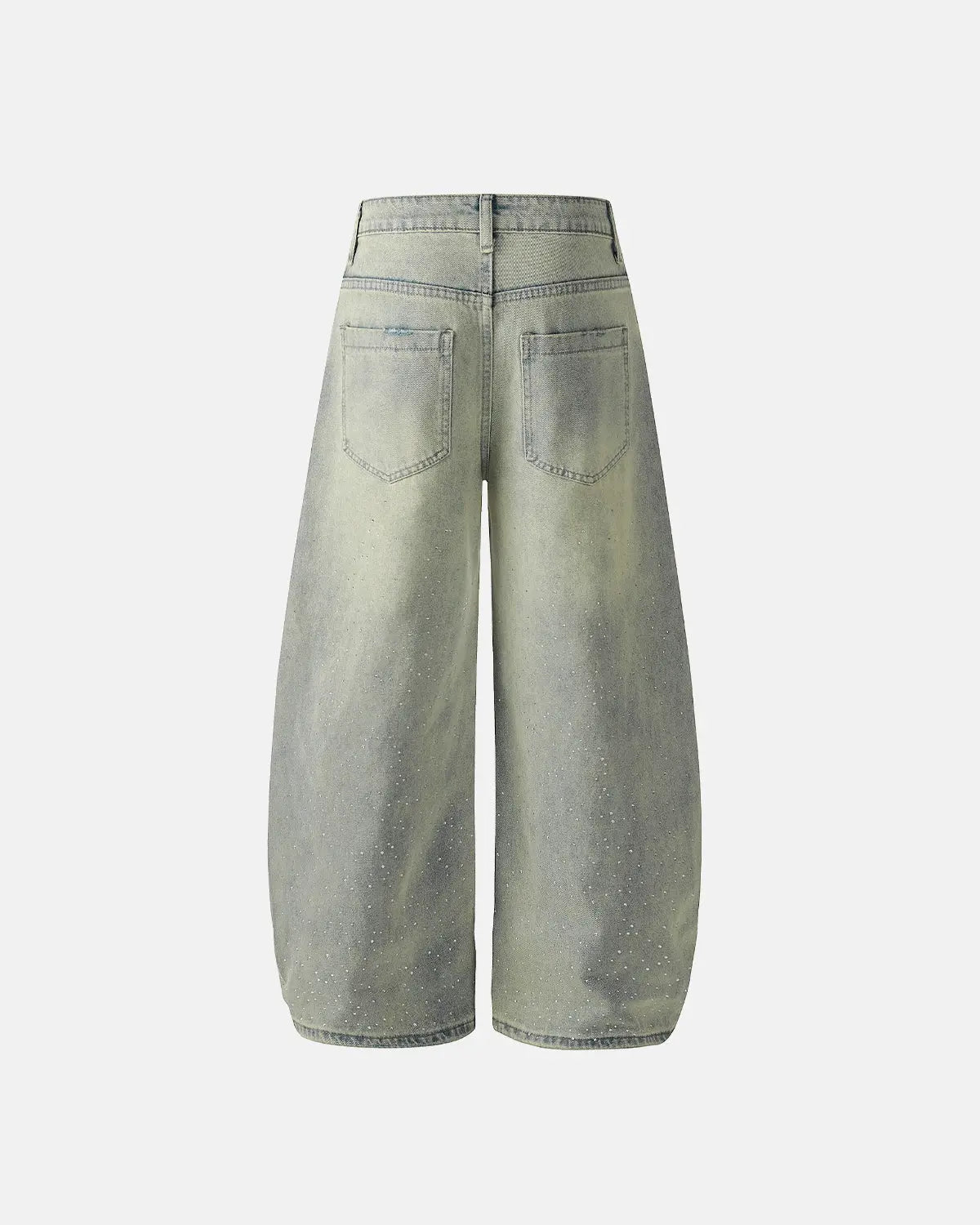 Black acid wash rhinestone baggy jeans by Flation Streetwear, featuring a relaxed fit and sparkling rhinestone details.