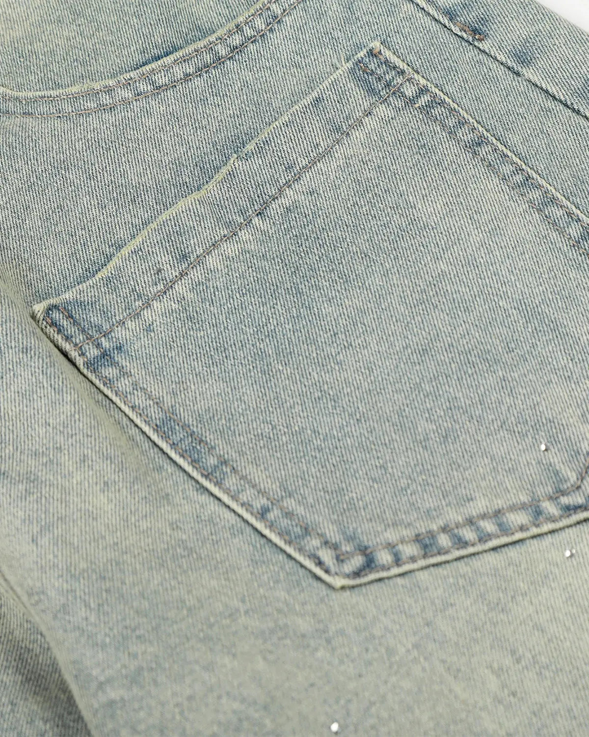 Black acid wash rhinestone baggy jeans by Flation Streetwear, featuring a relaxed fit and sparkling rhinestone embellishments.
