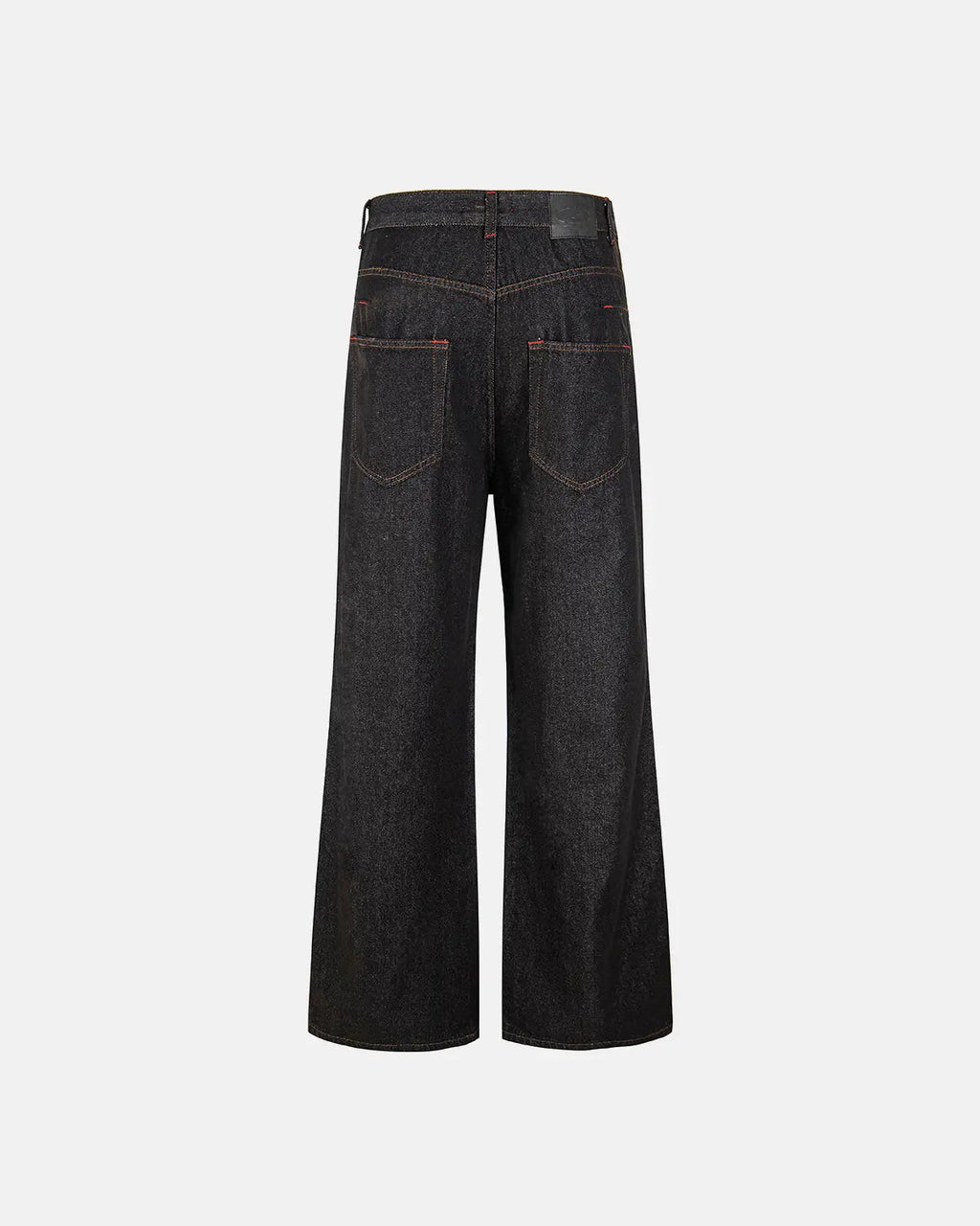 Black Flation asymmetric buckle raw baggy jeans with relaxed fit and streetwear style, featuring unique asymmetrical buckle design.