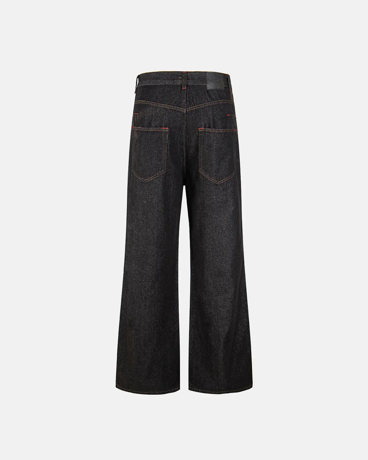 Black Flation asymmetric buckle raw baggy jeans with relaxed fit and streetwear style, featuring unique asymmetrical buckle design.
