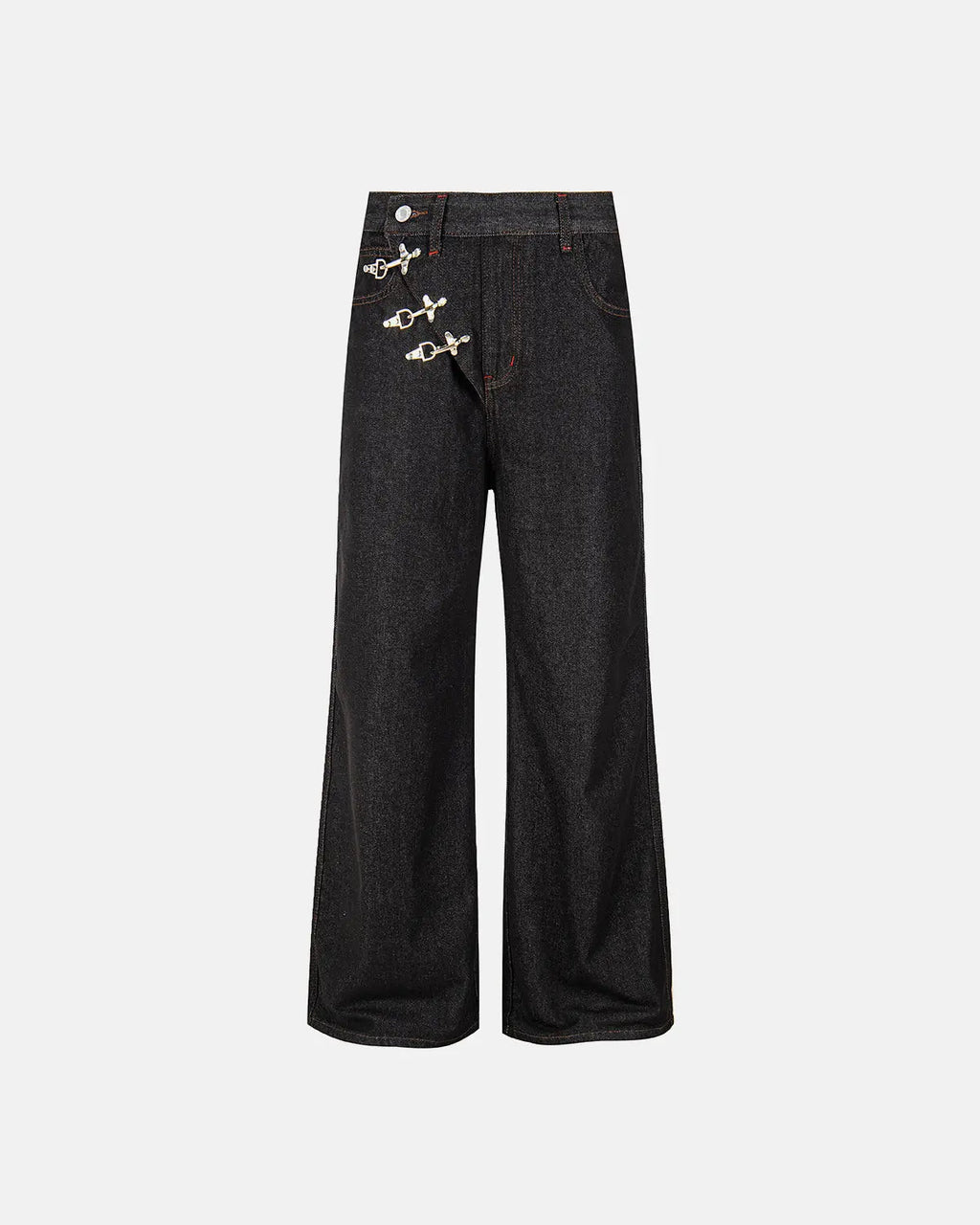 Black asymmetric buckle raw baggy jeans from Flation streetwear with loose fit and distressed details.
