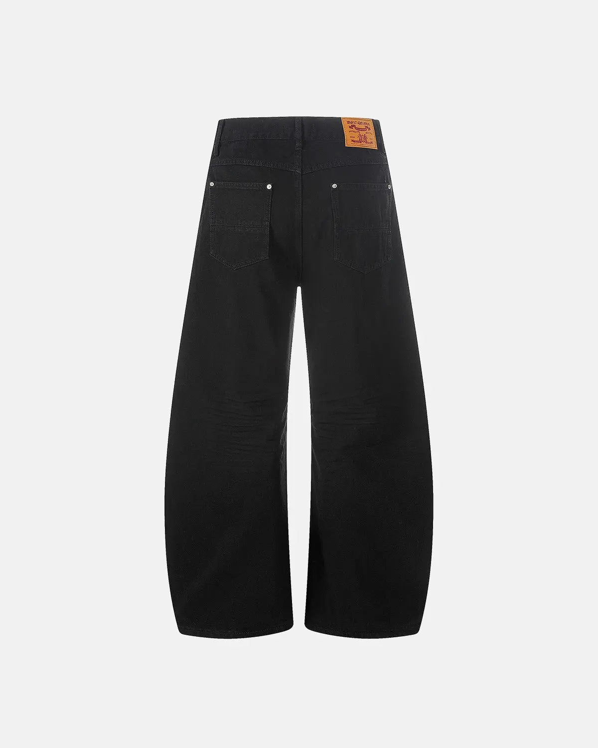 Black baggy jeans from Flation Streetwear with a relaxed fit, shown hanging on a plain background.