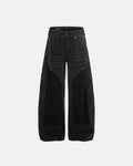 Black patchwork barrel jeans from Inflation Streetwear featuring a relaxed fit and unique patchwork design.