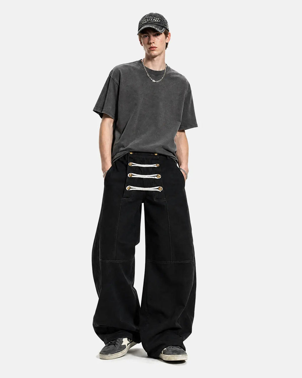 Black braided rope barrel pants by Flation Streetwear, featuring a stylish relaxed fit and modern streetwear design.