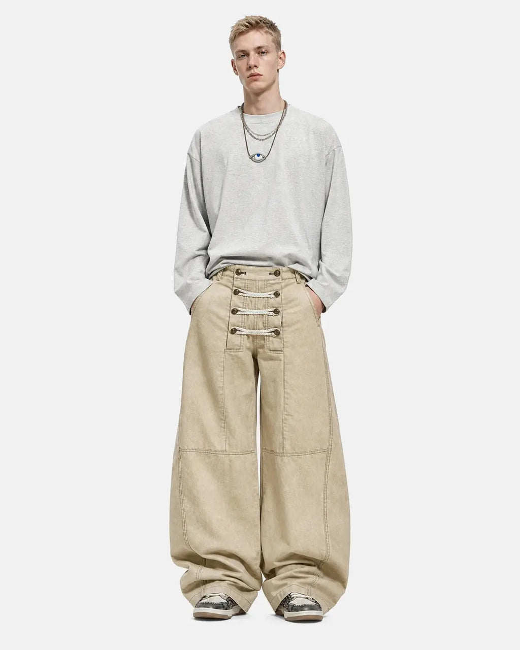 Black braided rope barrel pants by Flation Streetwear featuring a relaxed fit and stylish design.