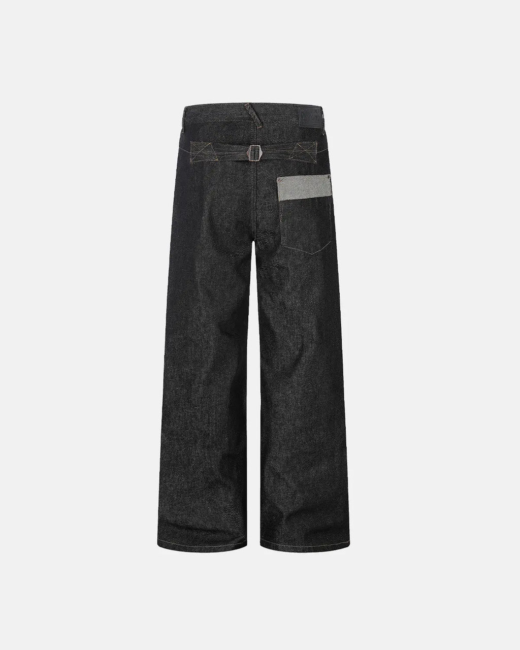 Black Flation Streetwear Button Fly Raw Baggy Jeans with relaxed fit and casual style, visible with distressed details and wide leg openings.