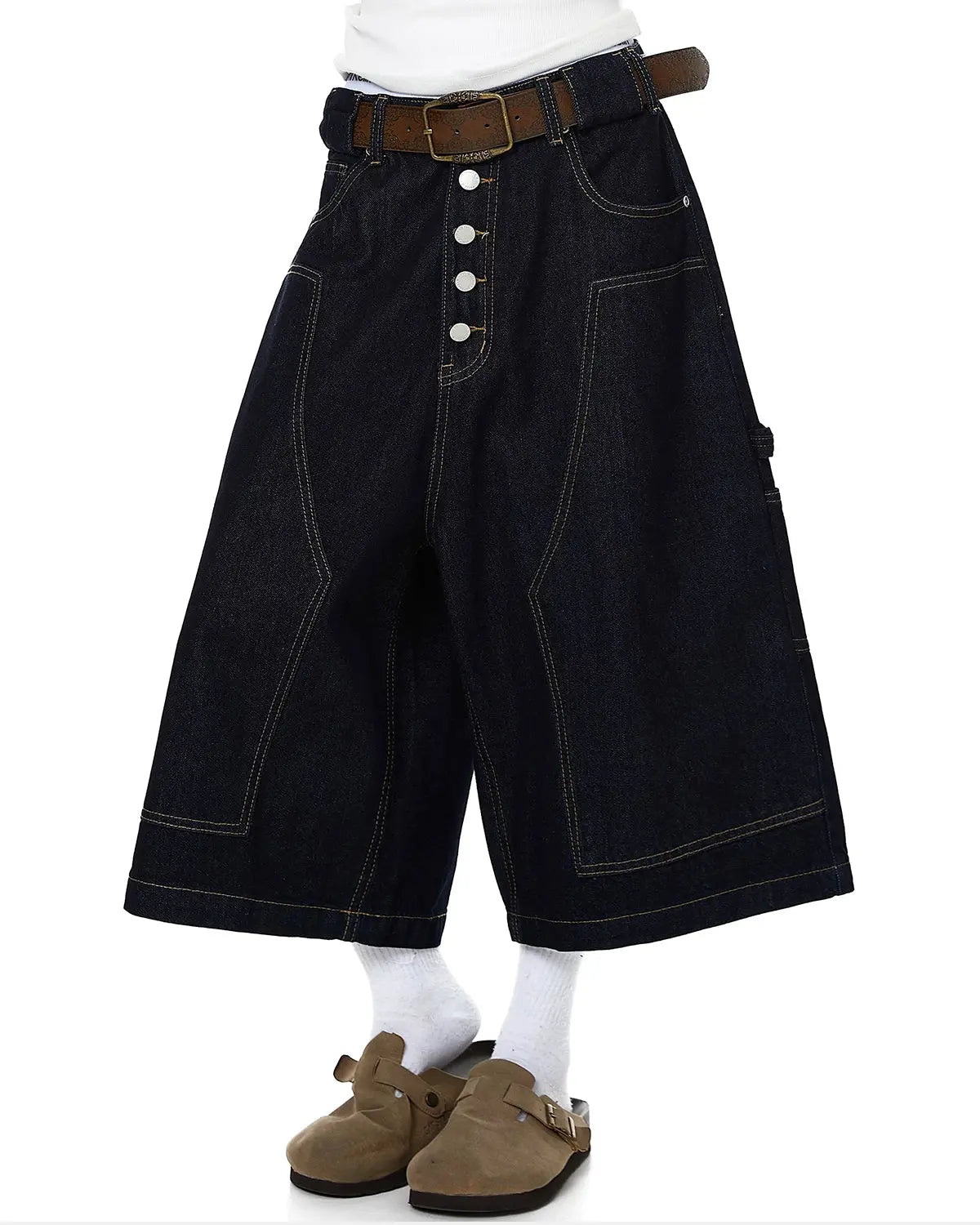 Black Cinch Back Buttons Up Cargo Jorts by Flation Streetwear, featuring rugged denim with cargo pockets and button details.