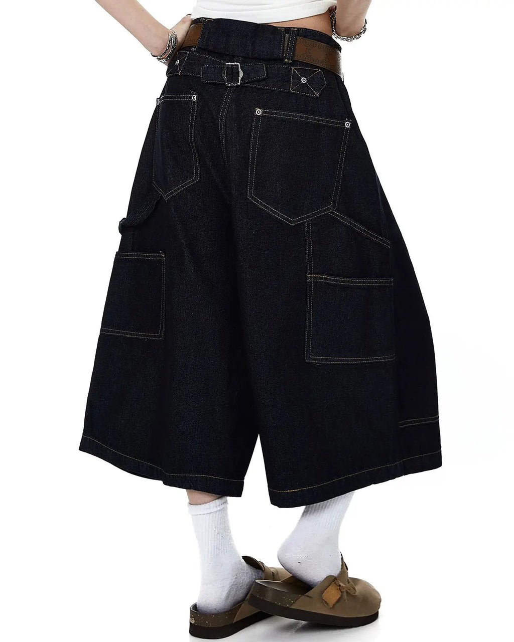 Black Cinch Back Buttons Up Cargo Jorts by Flation Streetwear, showing the relaxed fit and stylish cargo pockets.